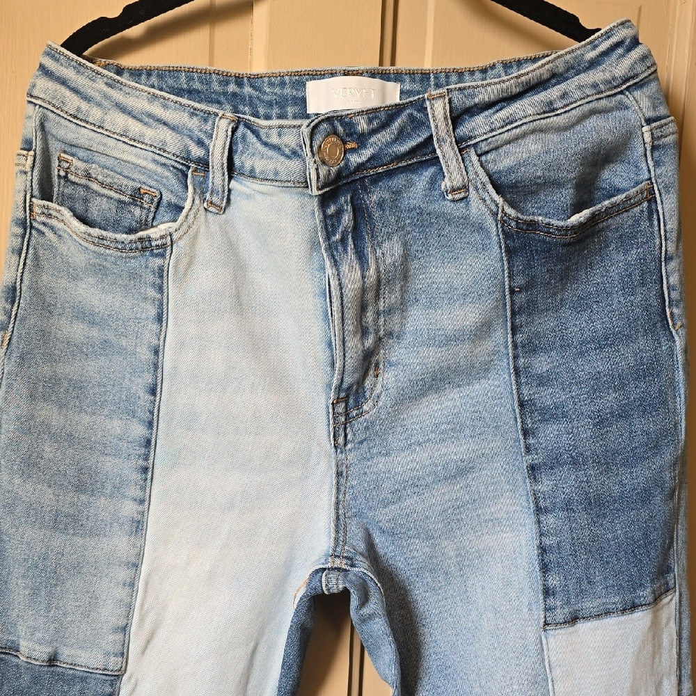 Vervet By Flying Monkey Blue Patchwork Flare Jeans - image 1